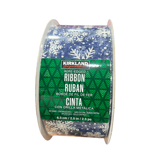 Kirkland Signature Wire Edged Christmas Ribbon 2.5 x 50 Yards (Silver Snowflake on Navy Blue, 2.5in)