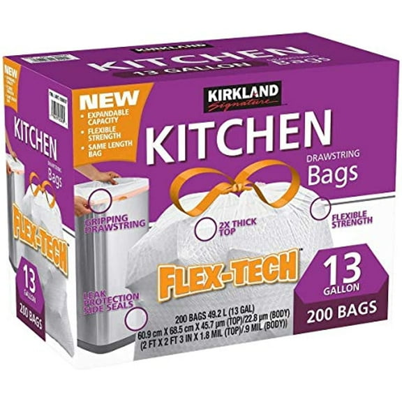 Kirkland Signature Drawstring Kitchen Trash Bags - 13 Gallon - 200 Count (.3 Pack)