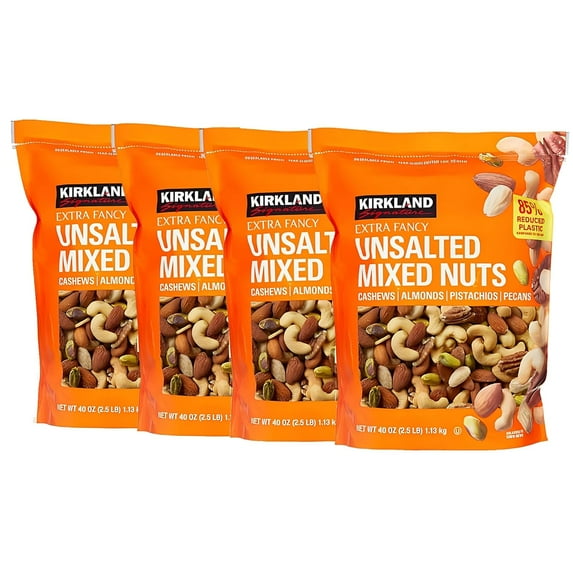 Kirkland Signature Extra Fancy Mixed Nuts Unsalted and Shelled 40 oz (Pack of 4), 1 Pack of Roasted Virginia Peanut Also Included by