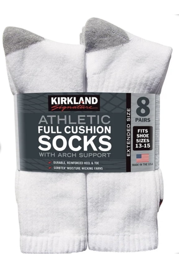 Men's Athletic Sock, 8-pair-White extended, Size 13-15