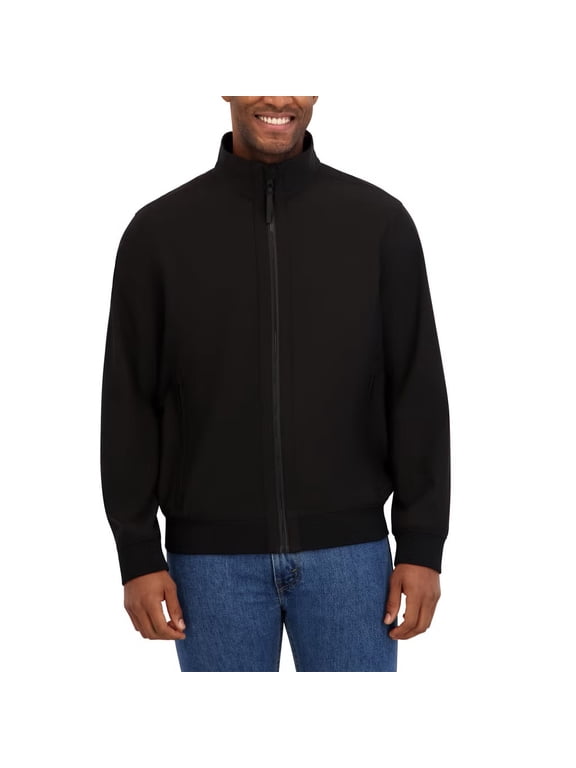 Men’s Softshell Bomber Jacket, 4-Way Stretch, Regular Fit, Interior Zippered Pocket ( Black, Small)