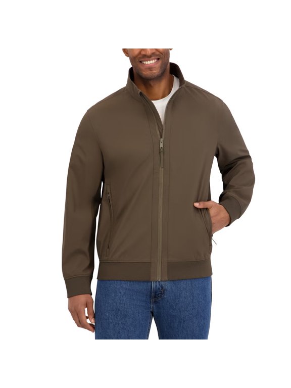 Men’s Softshell Bomber Jacket, 4-Way Stretch, Regular Fit, Interior Zippered Pocket (Brown, Small)
