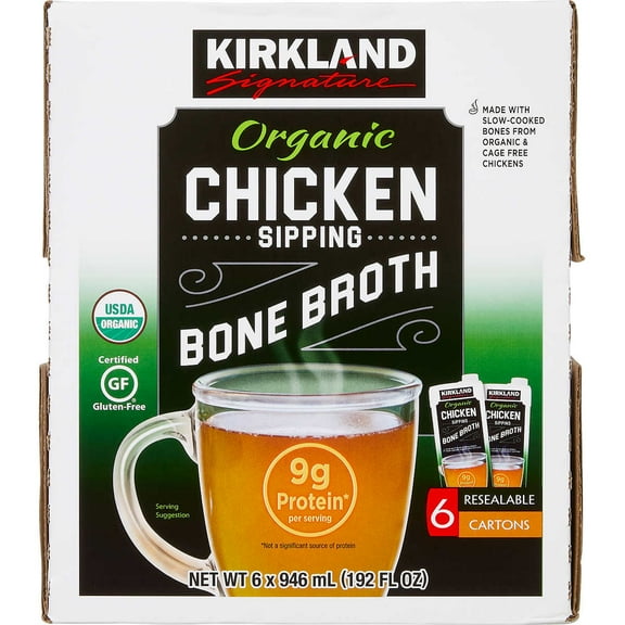 Kirkland Signature Organic Chicken Bone Broth 32 Fluid Ounce (Pack of 6)