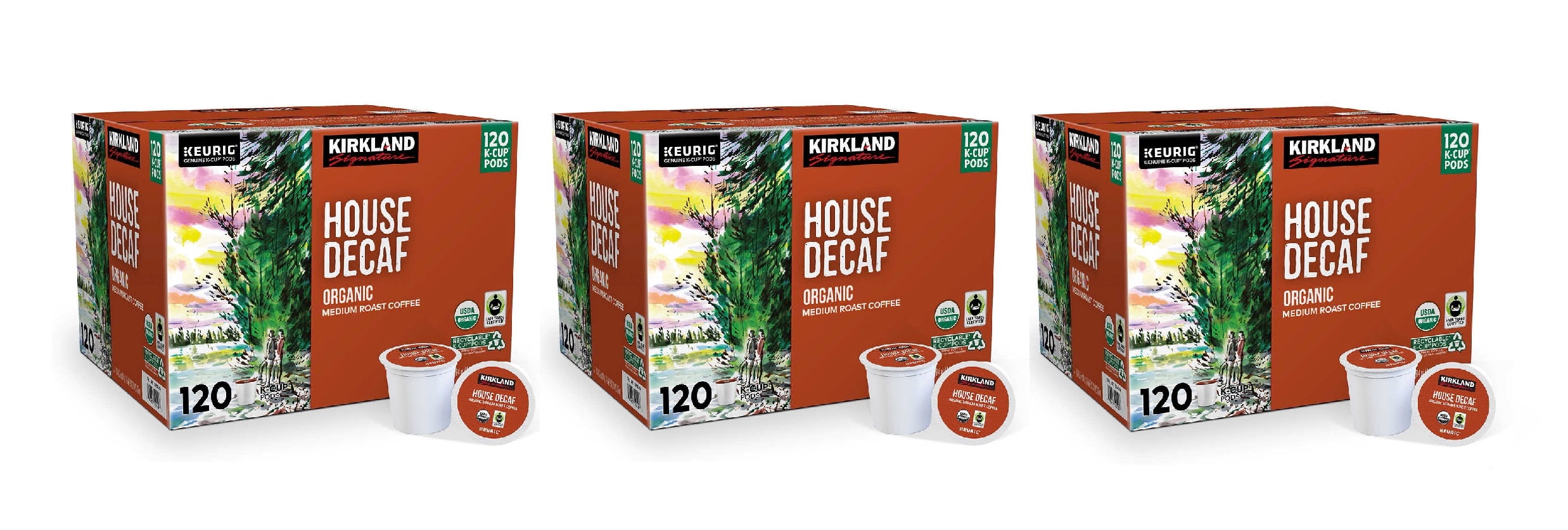 Kirkland Signature Organic House Decaf Coffee, Medium, Keurig K-Cup Pods, 120 ct 3PK