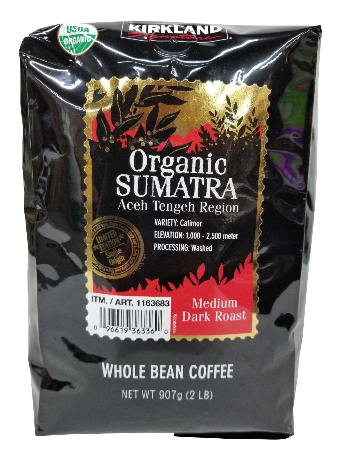 Kirkland Signature Organic Sumatra Medium Dark Roast Whole Bean Coffee ...