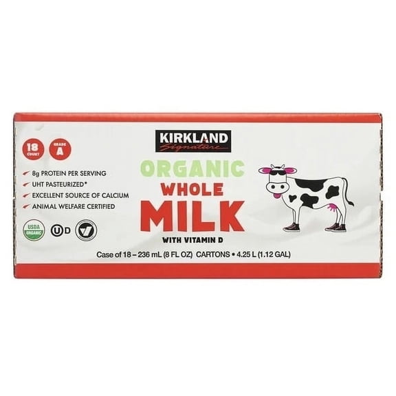 Kirkland Signature Organic Whole Milk 8 Fluid Ounce (Pack of 18)