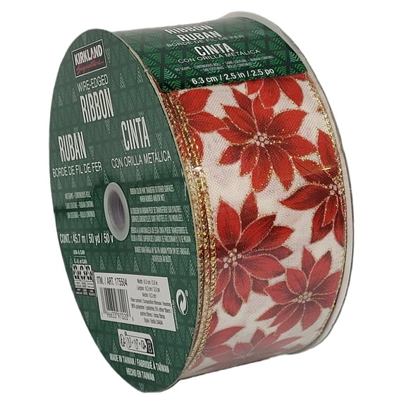 Kirkland Wire-Edged White Ribbon with Red Poinsettias 2.5-inch W X 50 Yards