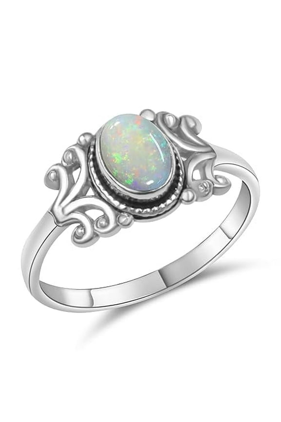 Ethiopian Opal Silver Ring for Women - Stackable Midi Vintage Rings, October Birthstone Ring Handmade Silver Plated Opal Ring (9)