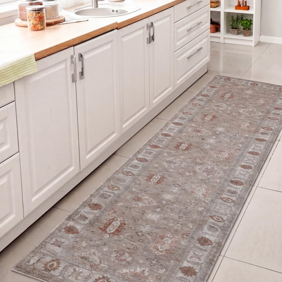 Kisara Oushak Style Distressed Border Non-Slip Machine-Washable Beige/Cream 2 ft. x 8 ft. Runner Rug