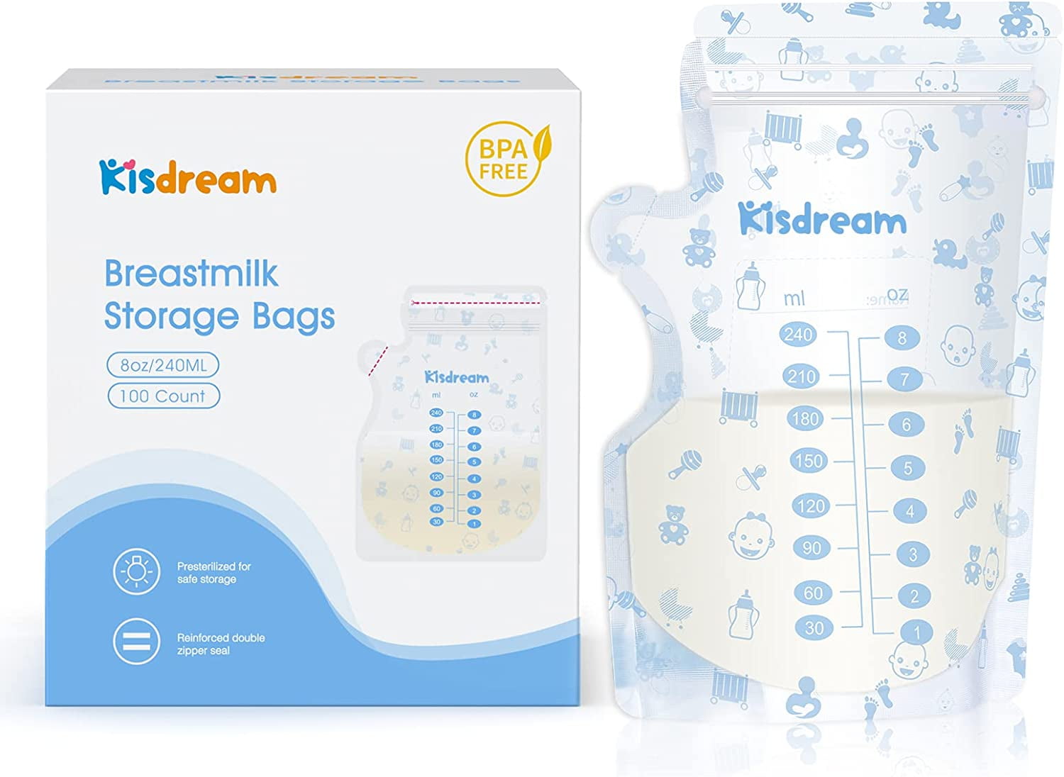 Kisdream Breast Milk Storage Bag 100 Count, Milk Bag for Breastmilk Breastfeeding Mom 8 Ounce/240ML, Pump Bags for Milk Storage with Easy Labeling, Space Saving & Pre-Sterilized Without BPA, 100ct