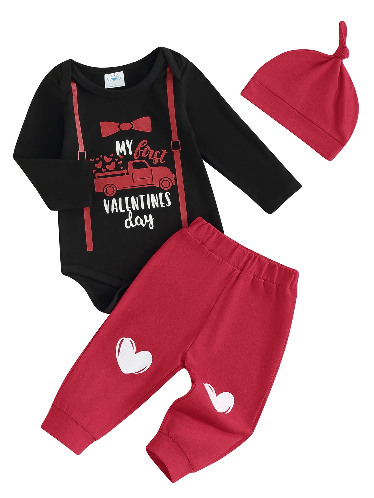 Kishawna Baby Boys Valentine’s Day Outfits Long Sleeve Romper + Pants