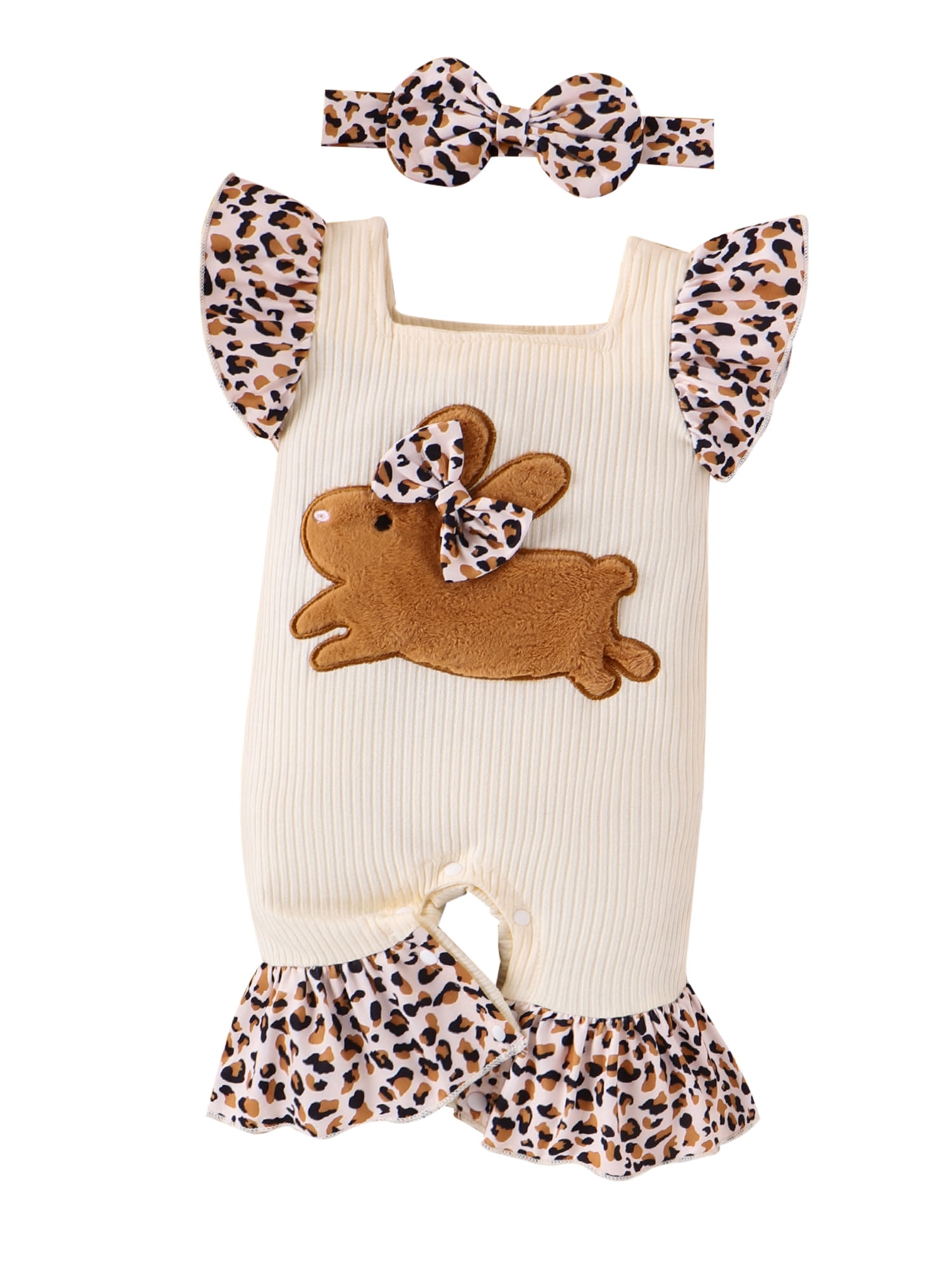 Kishawna Baby Girl Easter Outfit,Fly Sleeve Rabbit Leopard Print