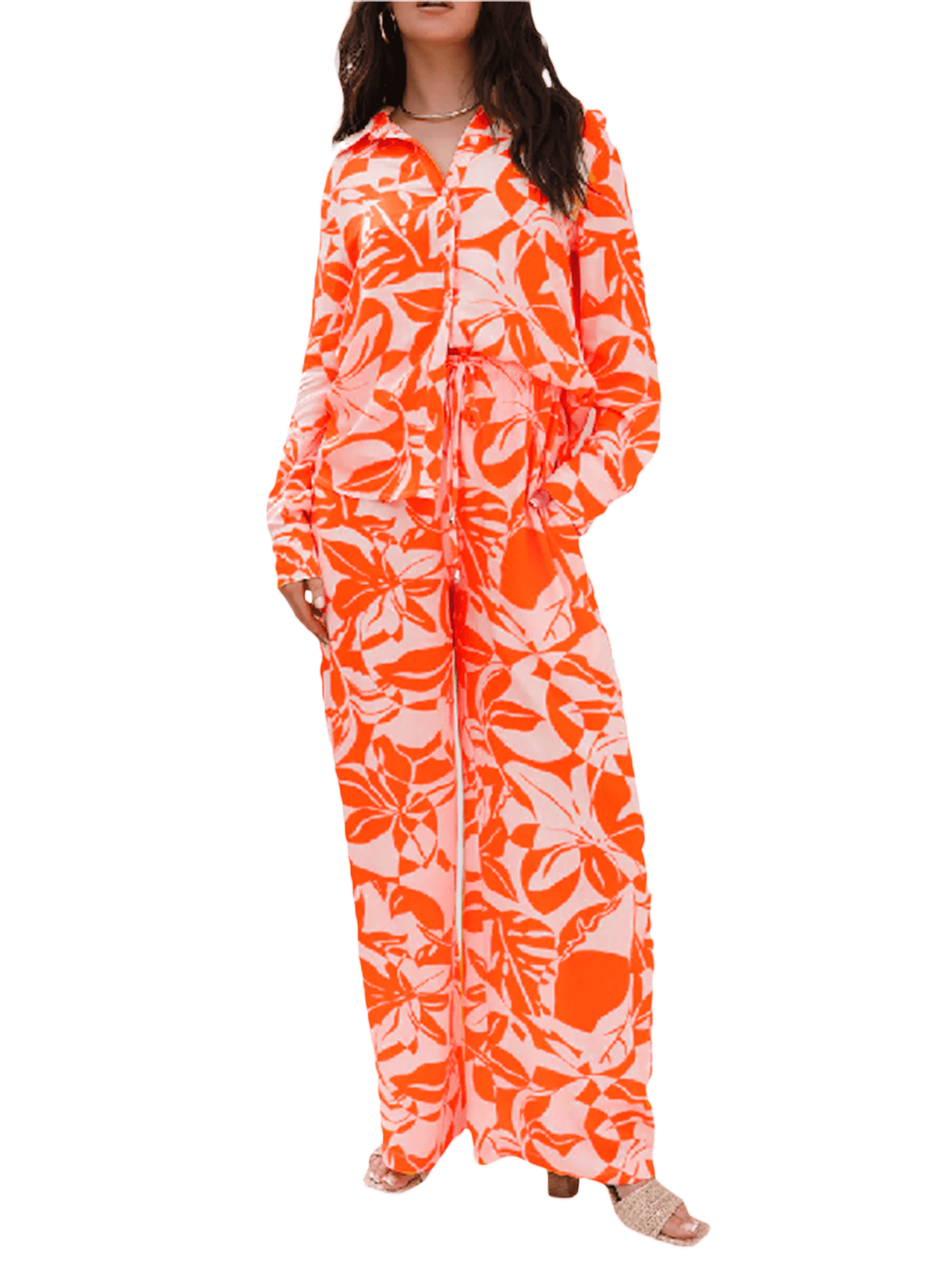 Kishawna Women Leaf Print Long Sleeve Lapel Shirt+ Wide-leg Pants ... image.