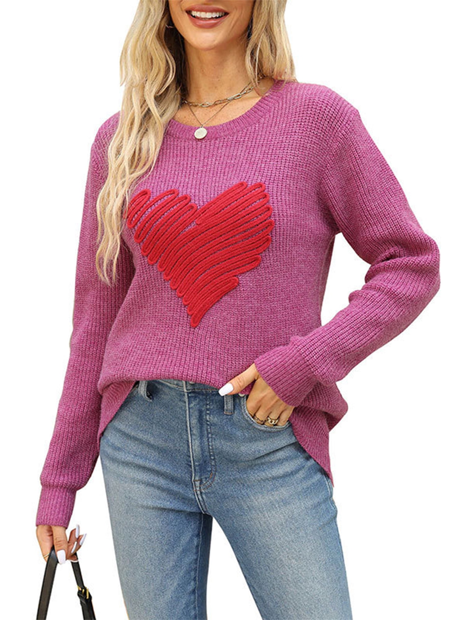 Kishawna Women Valentine's Day Sweaters Heart Embroidery Long Sleeve