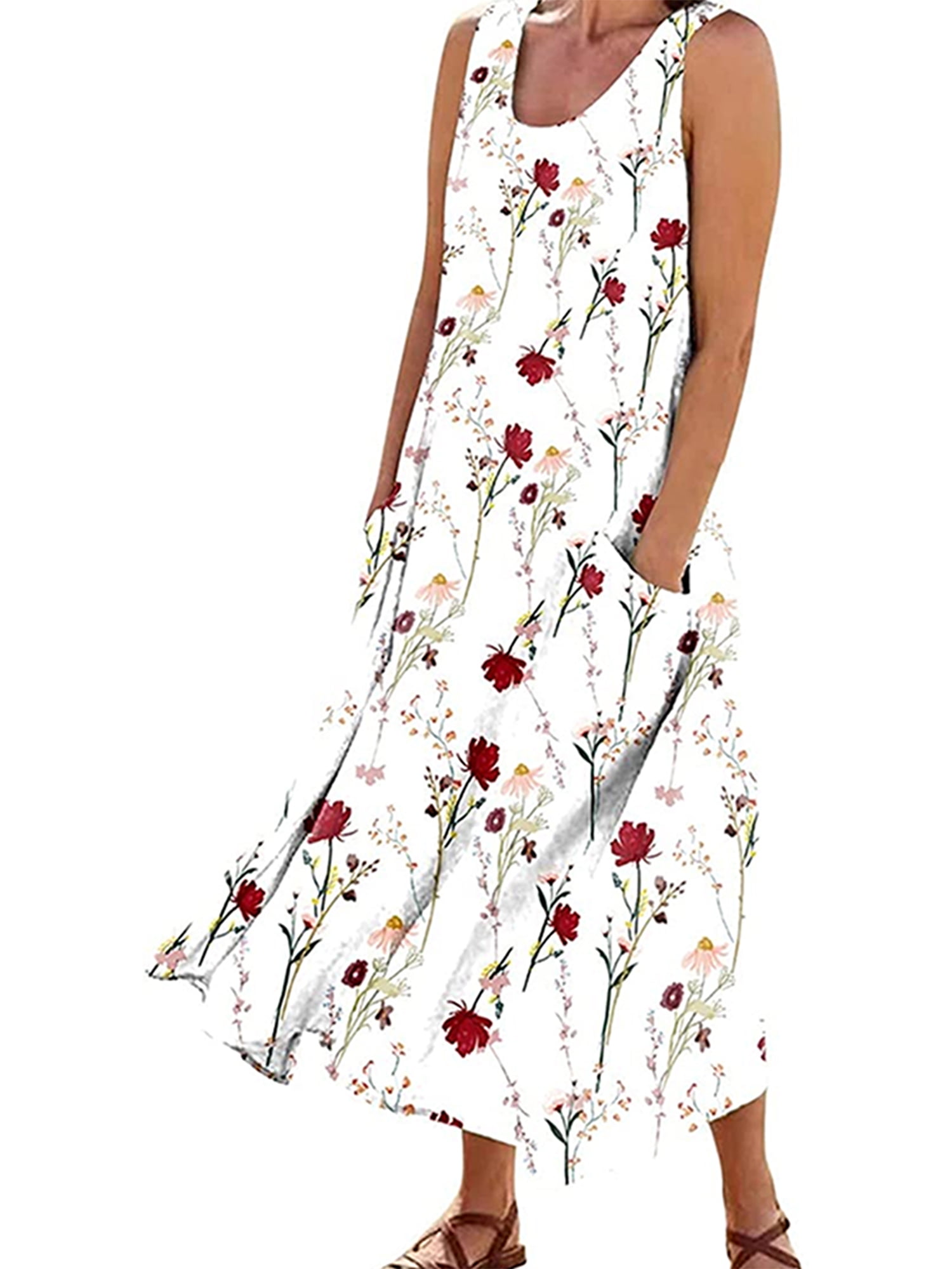 Kishawna Women's Sleeveless Floral Print Long Tank Dress Maxi Sundress ...