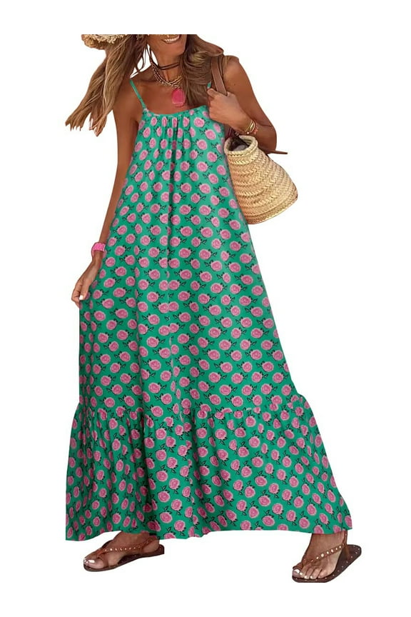 Womens Boho Floral Puff Sleeve Tiered Maxi Dress Long Dresses