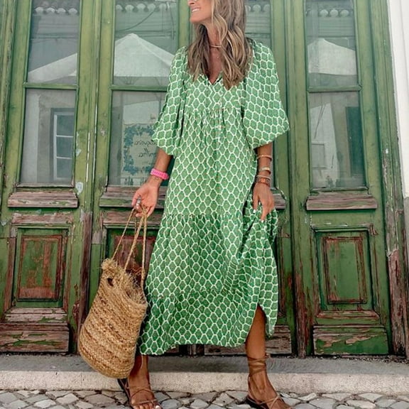 Kishawna Womens Boho Floral Puff Sleeve Tiered Maxi Dress Long Dresses