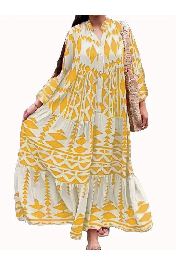 Womens Boho Floral Puff Sleeve Tiered Maxi Dress Long Dresses