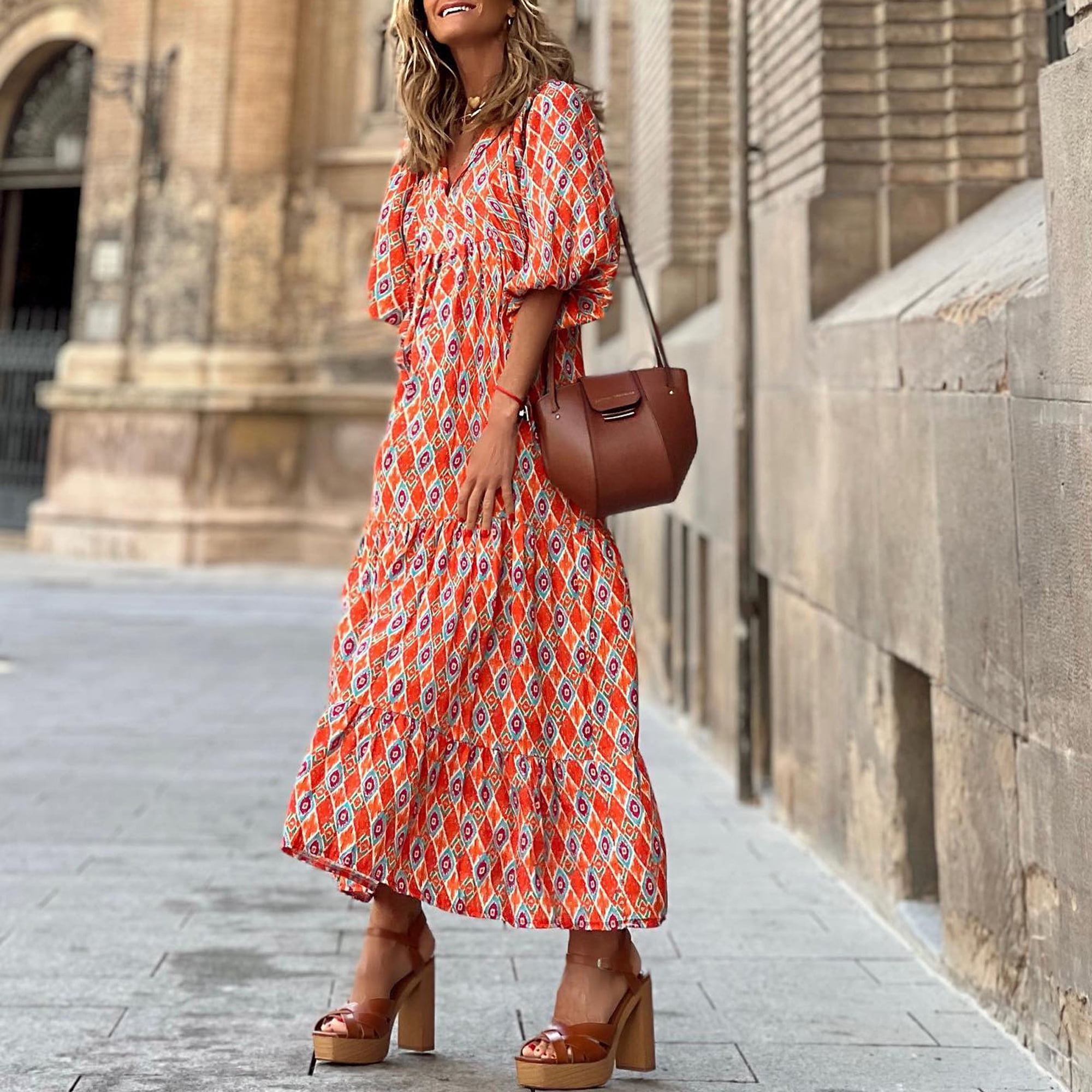 Kishawna Womens Boho Floral Puff Sleeve Tiered Maxi Dress Long Dresses -  Walmart.com