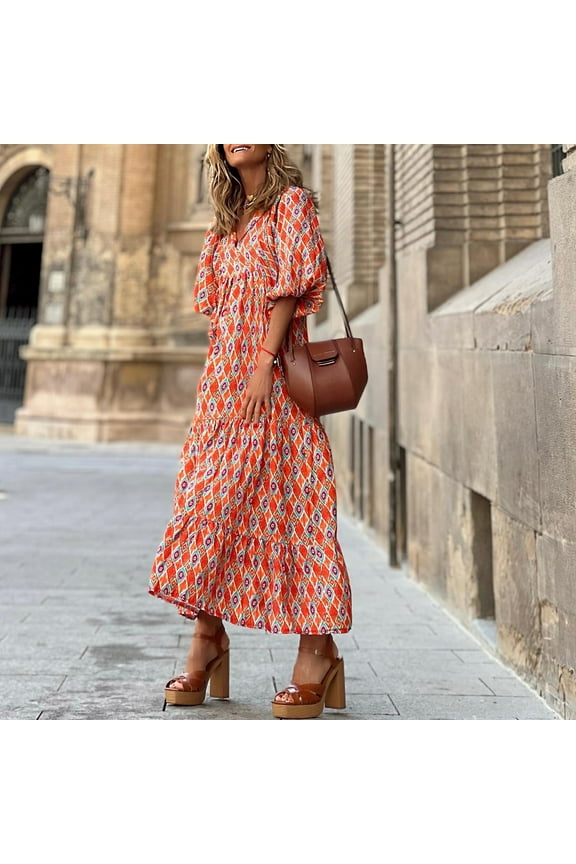 Womens Boho Floral Puff Sleeve Tiered Maxi Dress Long Dresses
