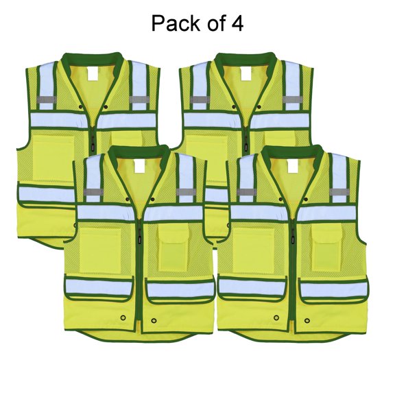 Kishigo High Visibility Safety Vest for Men, High Vis Breathable Pockets Zipper Surveyors Vest, Lime/ Green, 4 Pack, XL
