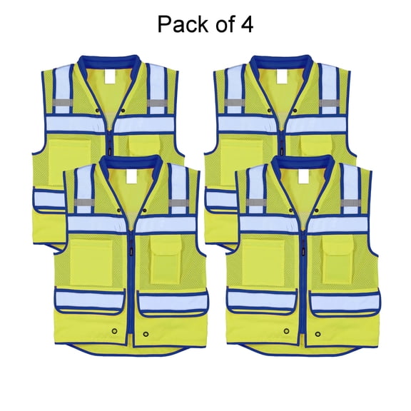 Kishigo High Visibility Safety Vest for Men, High Vis Breathable Pockets Zipper Surveyors Vest, Lime/ Royal Blue, 4 Pack, 3XL
