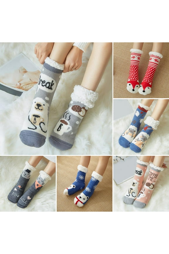 1 Pair Floor Socks Sherpa Lining Thickened Stretchy Soft Comfortable Keep Warm Non-slip Winter Thermal Women Indoor Home Slipper Sleeping Socks for Home