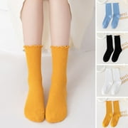 Kiskick 1 Pair Japanese Style Ribbed Solid Color Thermal Socks Spring Autumn Women Ruffle Cuffs Mid-Tube Socks