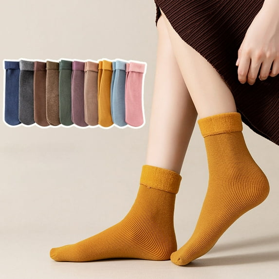 Kiskick 1 Pair Mid-Tube Ribbed Vibrant Colors Women Socks Winter Solid Color Thickened Fleece Lining Socks for Cozy Winter Comfort