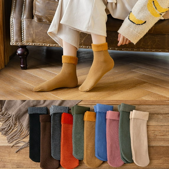 Kiskick 1 Pairs Mid-Tube Ribbed Unisex Socks Winter Solid Color Thickened Fleece Lining Socks Daily Wear for Cozy Comfort