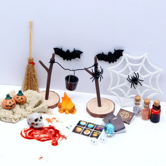 Kiskick Halloween Horror Dollhouse Ornament Set, Spooky Mini Spider Skull Bat Pumpkin Ornament for Dollhouse Decoration
