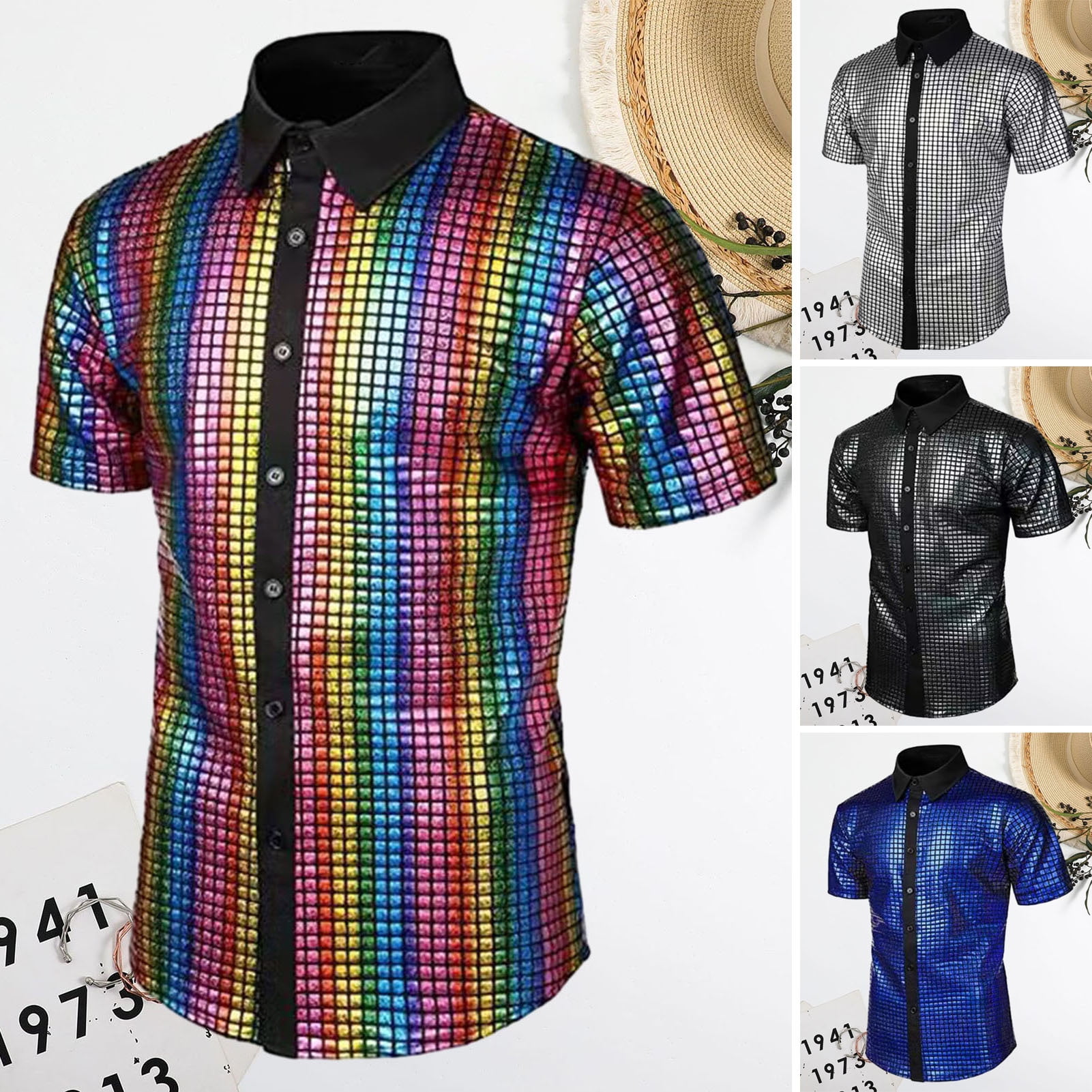 Kiskick Reflective Sequin Disco Costume Shirt, Men's 70s Vintage Turn-Down  Collar Short Sleeve Button Down Shirt for Party Fun 