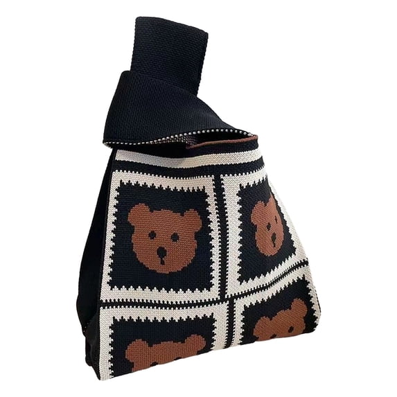 Kiskick Women Storage Bag Knitted Handbag Women Wrist Handbag Cartoon Bear Rose Pattern Aesthetic Crochet Knit Tote Bag Wristlet Bag Sleeve Knot Pouch