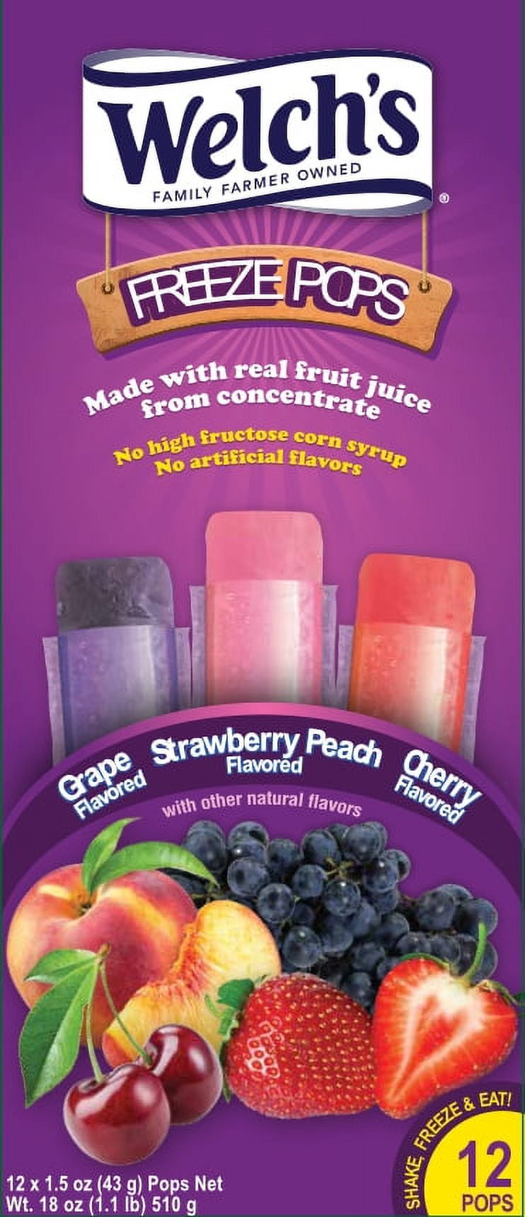 Welch's Freeze Pops Grape, Strawberry Peach, Cherry 12 Count Box 18 oz.
