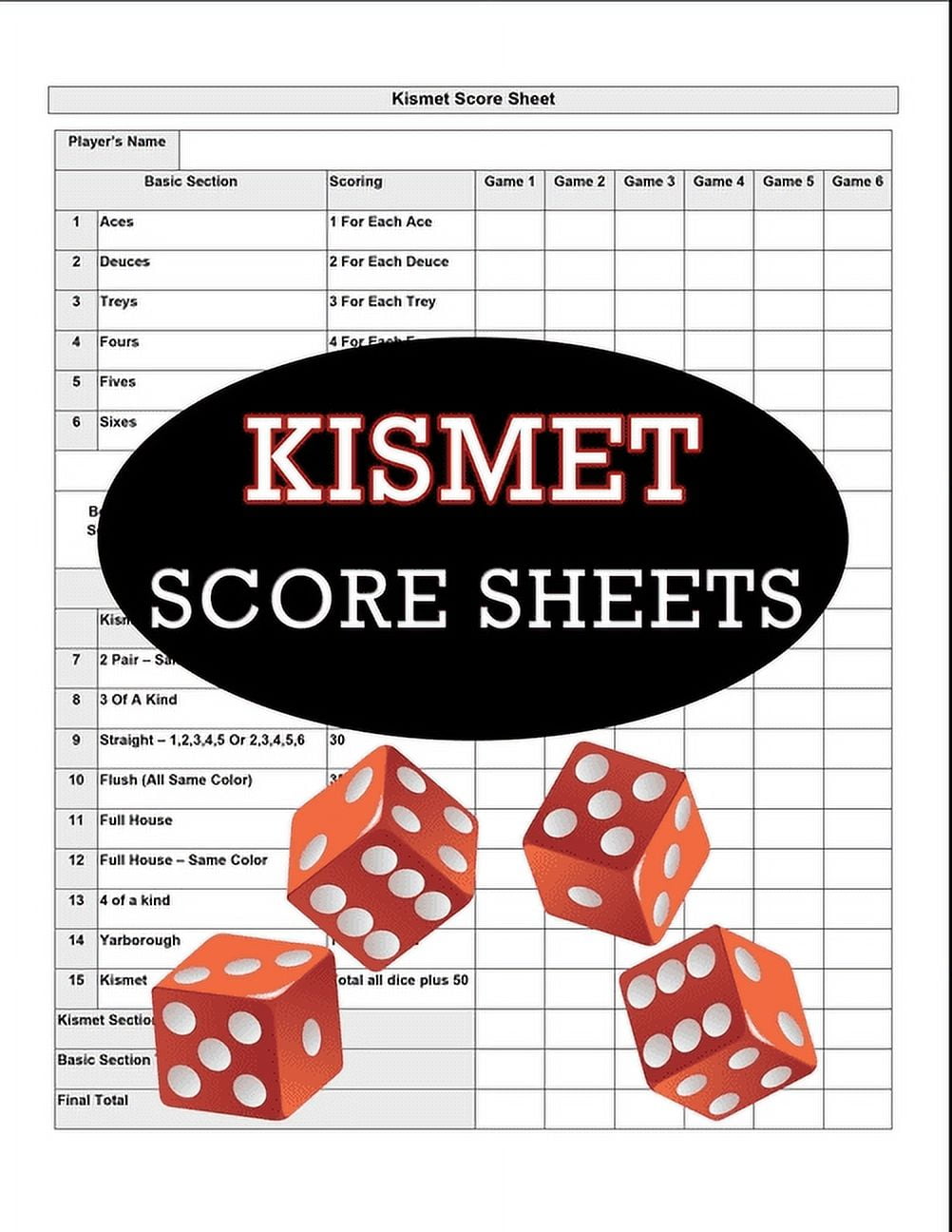 Kismet Score Sheets 100 Kismet Score Pads, Kismet Dice Game Score