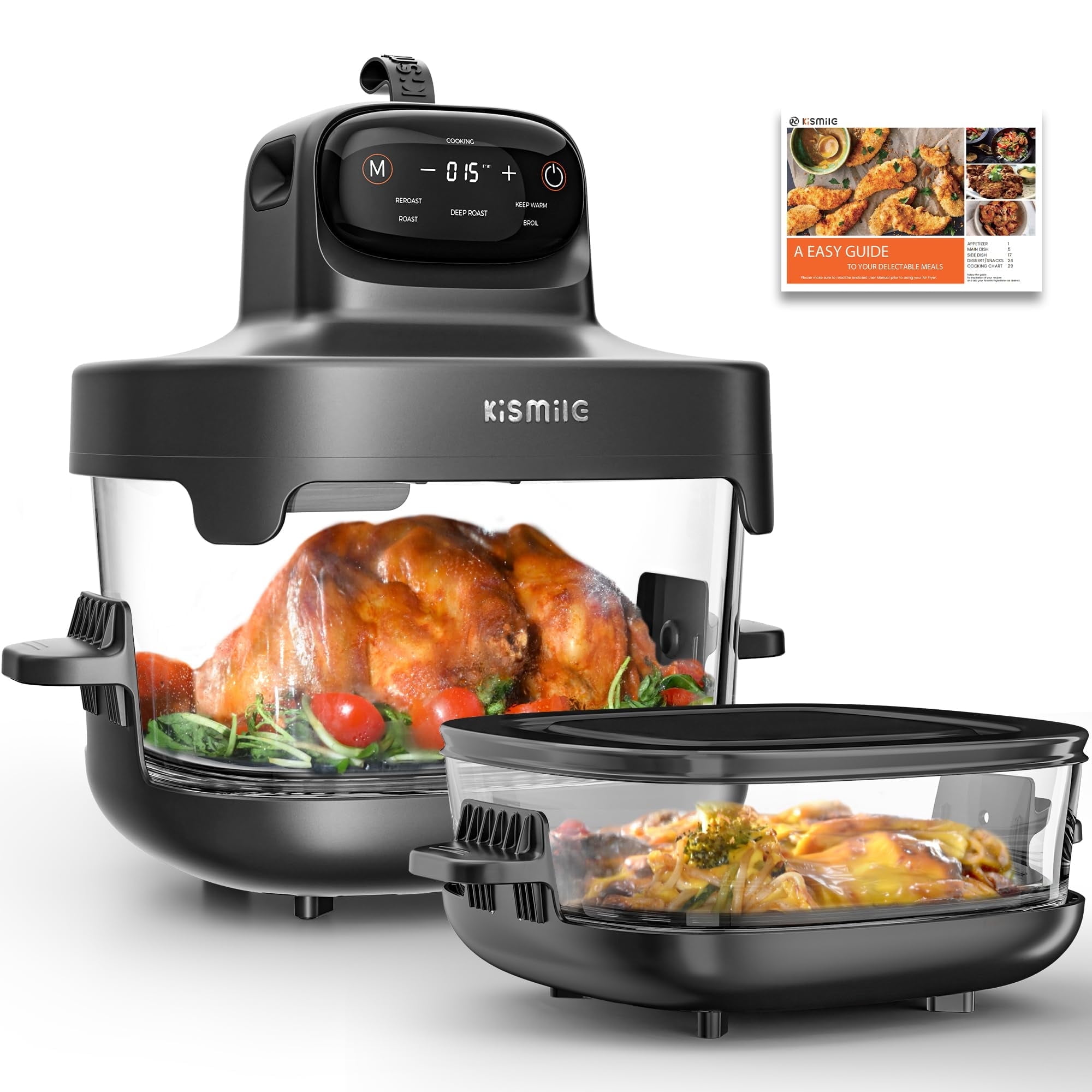 Kismile 5-in-1 Portable Glass Multifunctional Air Fryer with 360 Visualization, 2 Sizes 2.6QT/4.7QT with Lids, 1500W, Refrigerator&Dishwasher Safe