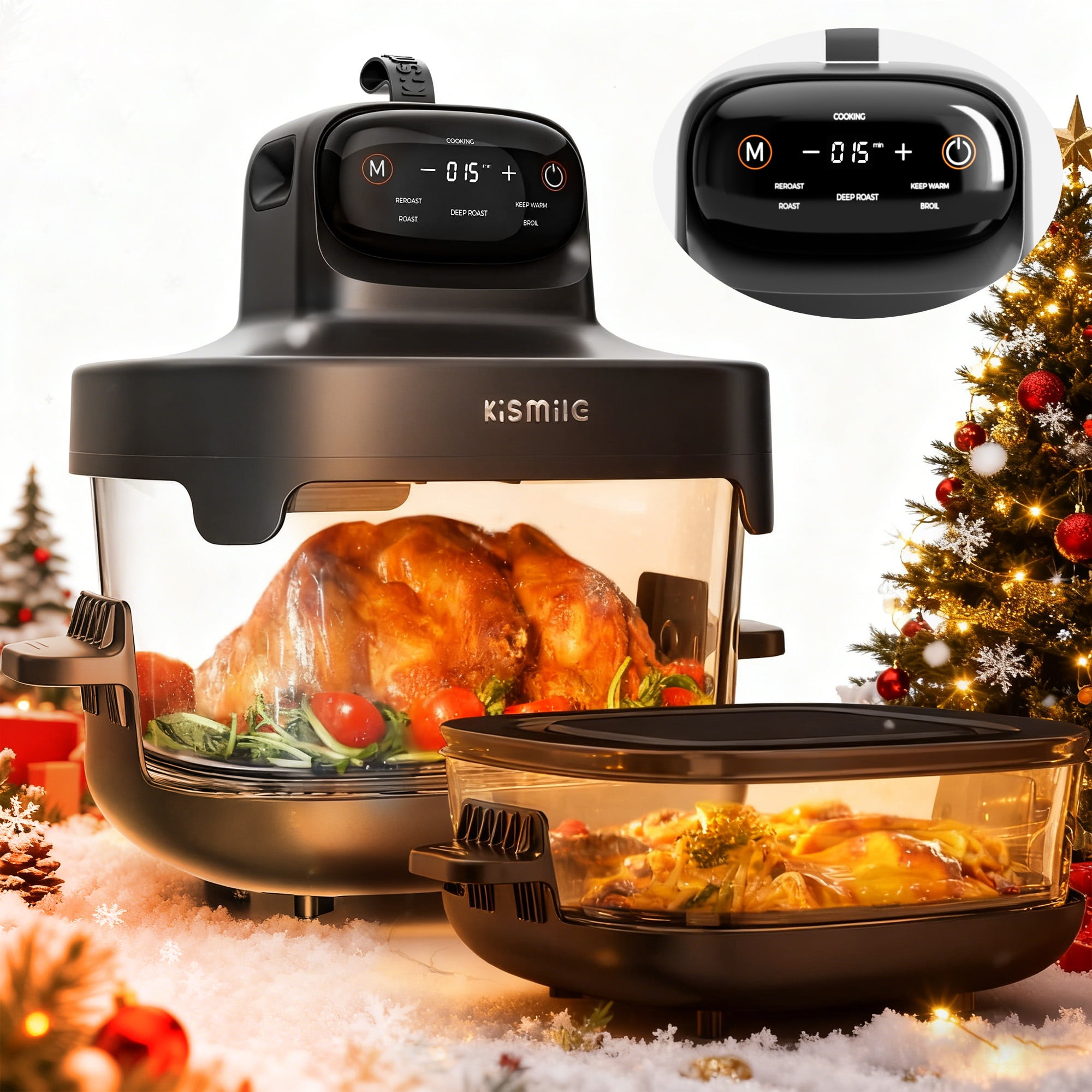 Kismile 5-in-1 Portable Glass Multifunctional Air Fryer with 360° Visualization, 2 Sizes 2.6QT/4.7QT with Lids, 1500W, Refrigerator&Dishwasher Safe