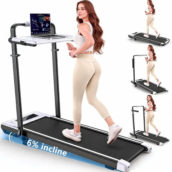 Kismom 3-in-1 Under Desk Treadmill with Height-Adjustable Desk, 2.5HP Walking Pad with 300lb Capacity, 7.5MPH Folding Running Machine with 6% Incline, Remote & Touch Control