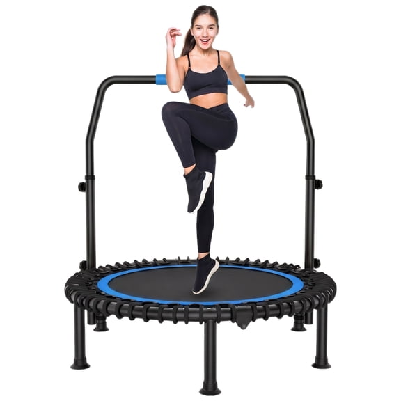 Kismom 40 Inch Foldable Fitness Trampoline for Adults, Bungee Rebounder with Adjustable Handle Bar, Quiet Indoor Outdoor Exercise Trampoline for Home Gym Cardio Training