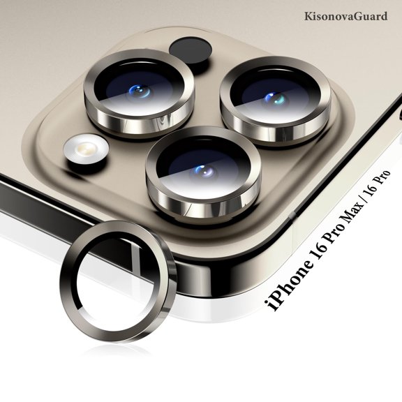 KisonovaGuard Compatible with iPhone 16 Pro Max / iPhone 16 Pro Camera Lens Protector, Individual Anti Scratch Metal Ring Tempered Glass Camera Screen Protector (Natural Titanium)