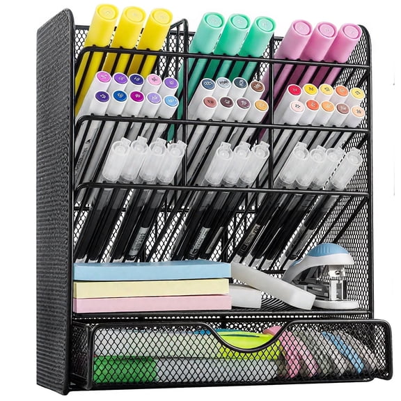 Kisportee Metal Pen Organizer, Pencil Holder for Desk, Office Desktop Organizer with Drawer