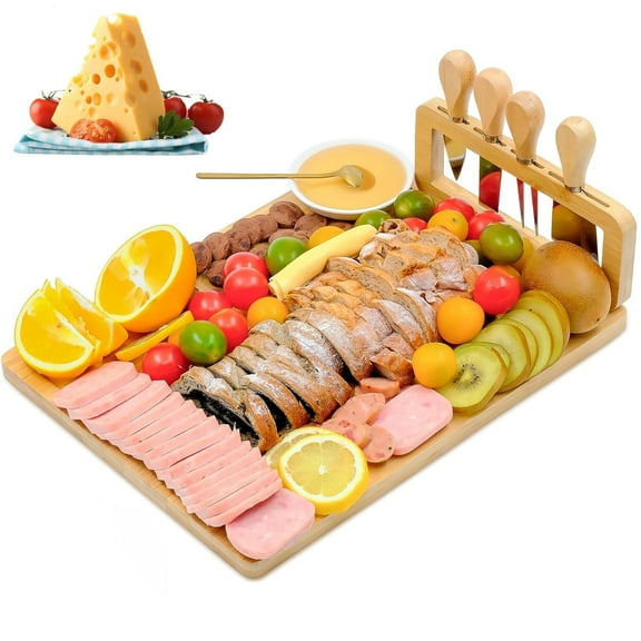 Kisportee 14" Bamboo Cheese Board and Knife Set, Charcuterie Board Set, Large Charcuterie Platter & Serving Tray with Kinfe Set, Cheese Board Gift Set