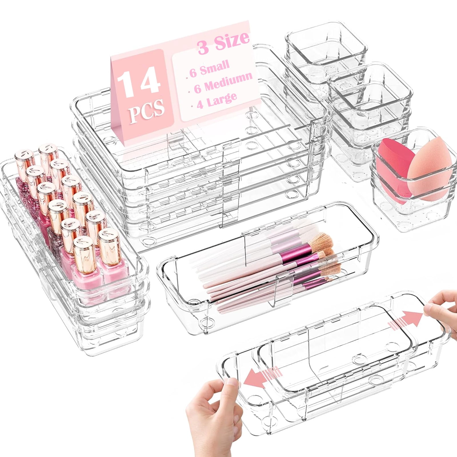 Kisportee 14 Pack Adjustable Makeup Drawer Organizer Set, Clear Plastic Stackable Desk Drawer Organizer Bins, Makeup Organizer for Vanity, Kitchen Utensils Stor
