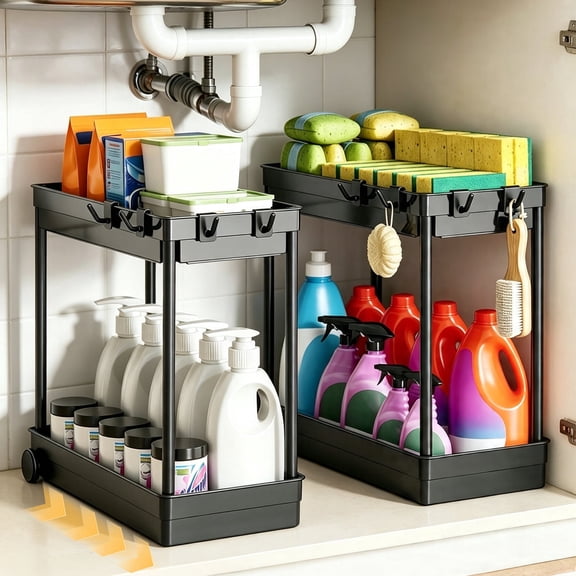 Kisportee 2 Pack Under Sink Organizer, 2 Tier Sliding Bathroom Cabinet Organizer with 4 Wheels and 8 Hooks, Large Capacity Storage Drawer, Multi-Purpose Kitchen Organizer and Storage, Black