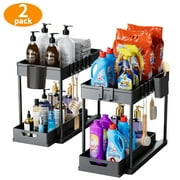 Kisportee Under Sink Organizer, 2 Pack Bathroom Cabinet Organizer, 2 Tier Sliding Cabinet Organizer Drawer with 10 Hooks, 4 Hanging Cups, Multi-Purpose Kitchen Organizer and Storage, Black