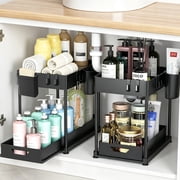 Kisportee Under Sink Organizer, 2 Pack Bathroom Cabinet Organizer, 2 Tier Sliding Cabinet Organizer Drawer with 10 Hooks, 4 Hanging Cups, Multi-Purpose Kitchen 