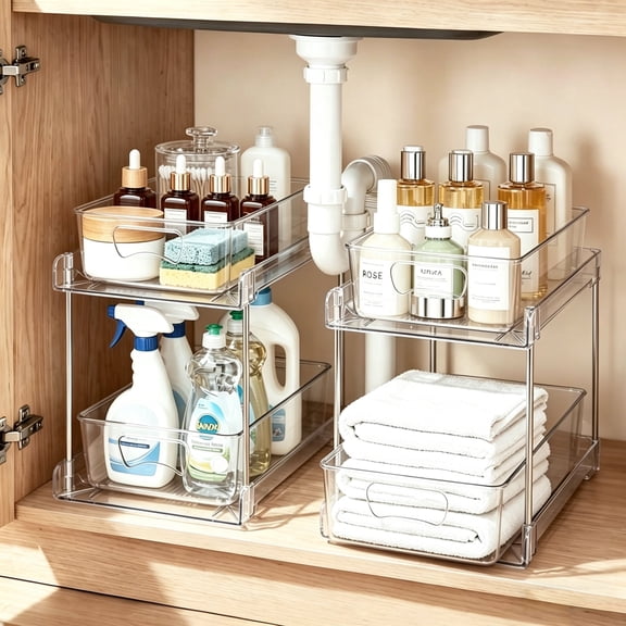 Kisportee 2 Pack Under Sink Organizer, 2 Tier Pull-Out Bathroom Organizers and Storage, Kitchen Cabinet Organizer for Pantry, Kitchen