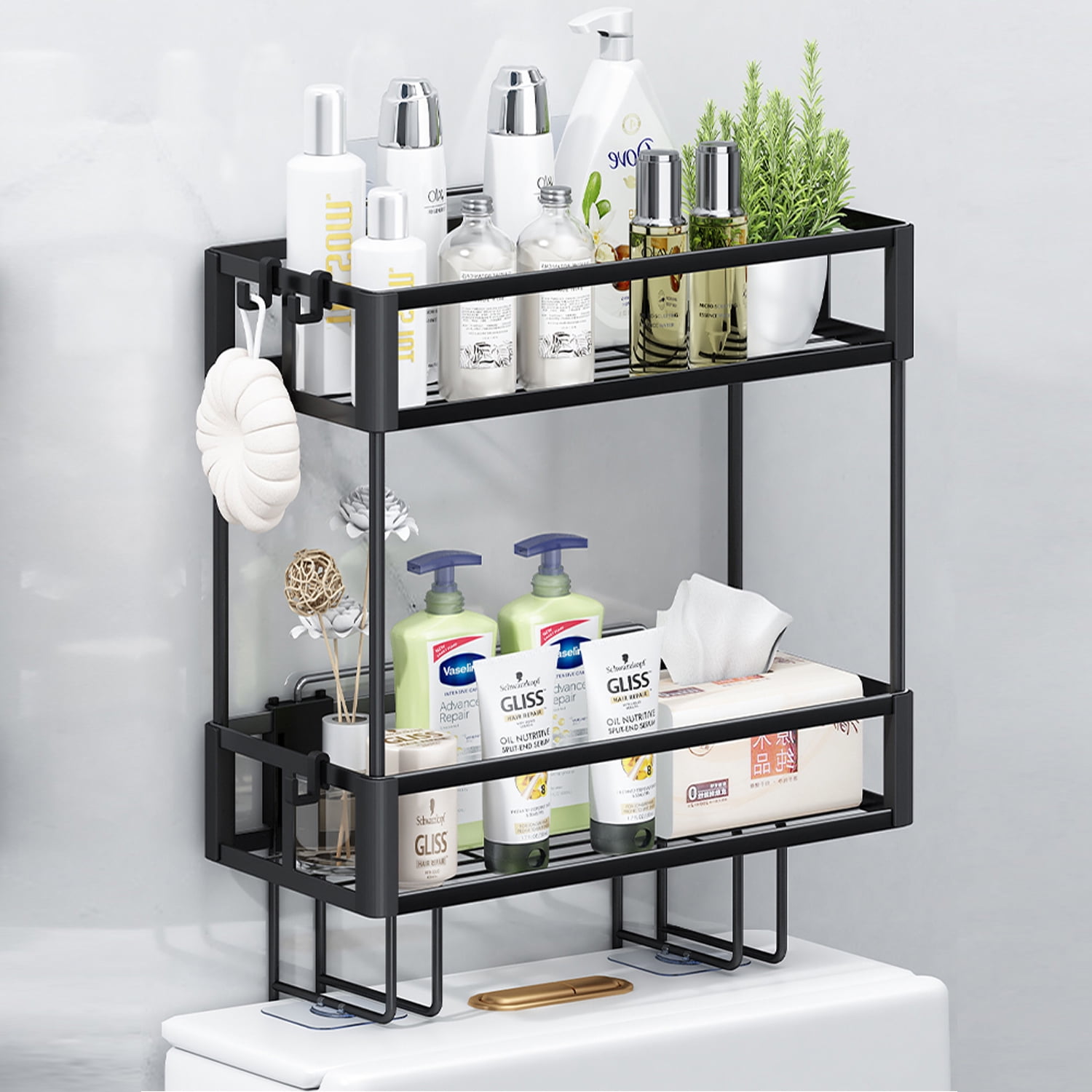 Kisportee Over The Toilet Storage Shelf, 2-Tier Bathroom Organizers and Storage, Upgrade Non-Trace Adhesive Over Toliet Storage Shelf, Home Storage Rack with Hooks Shelf