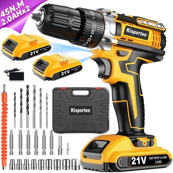 Kisportee Cordless Drill, 21V Power Drill Set with 2x2.0Ah Battery, 3/8"Keyless 25+1 Position Electric Drill & 2-Speed Transmission For Screwdriving and Drilling, Yellow