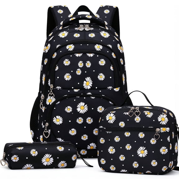 Kisportee 3 Pcs Backpack Set, 3-in-1 Waterproof Backpacks, Large Capacity Bookbag with Insulated Lunch Bag & Pencil Case (Black Daisy)